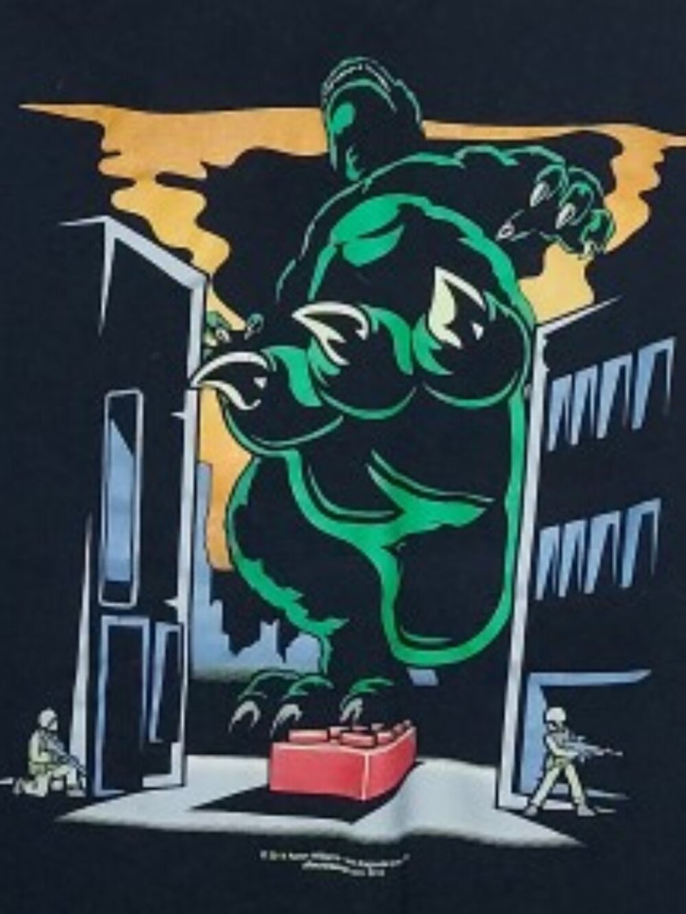 GODZILLA STEPPING ON LEGO 🦖☢️ V-neck SHIRT Off World Designs ADULT/Ladies XL - Picture 2 of 4